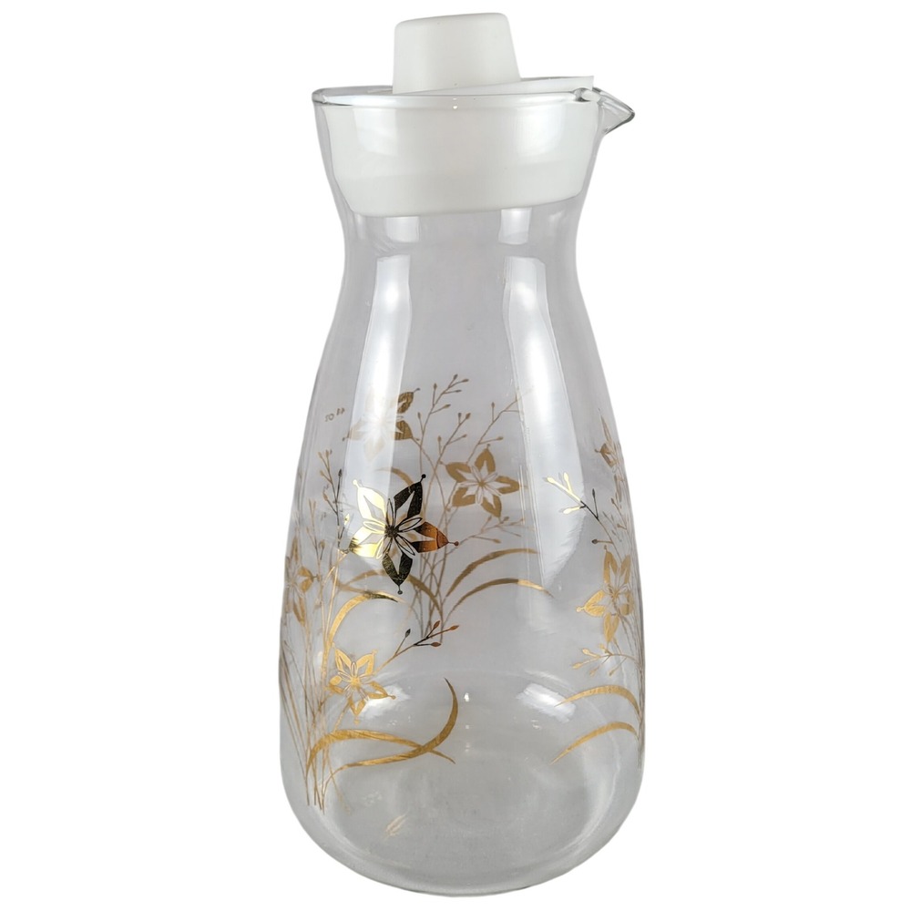 Pyrex Beverage Server Carafe 48oz Gold Atomic Floral MCM Glass Juice Pitcher Vtg